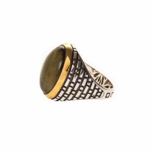 Bague homme œil argent pierre œil de tigre serti doré 7
