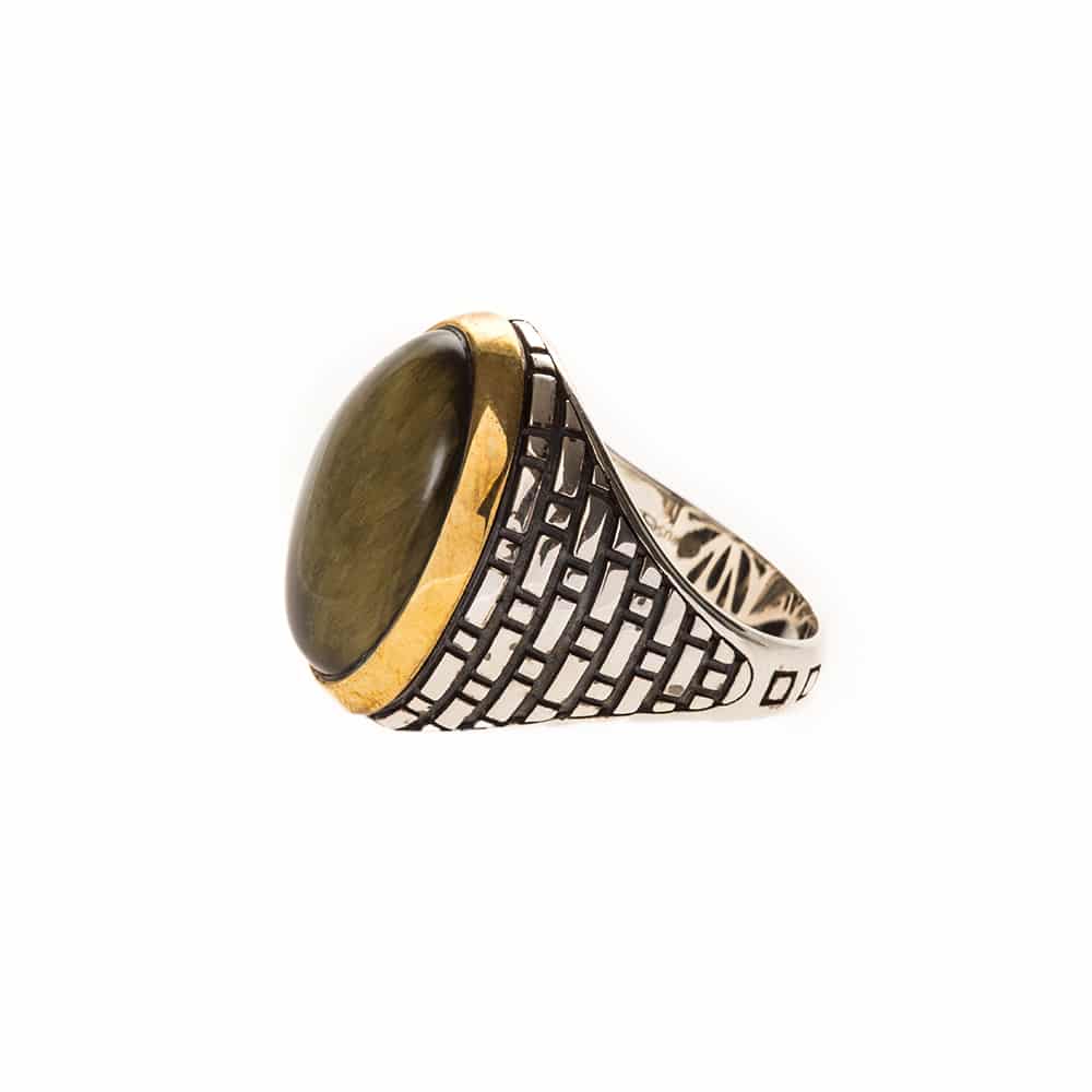 Men's silver eye ring with tiger eye stone set in gold 4