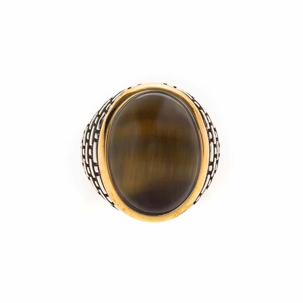 Men's silver eye ring with tiger eye stone set in gold 1