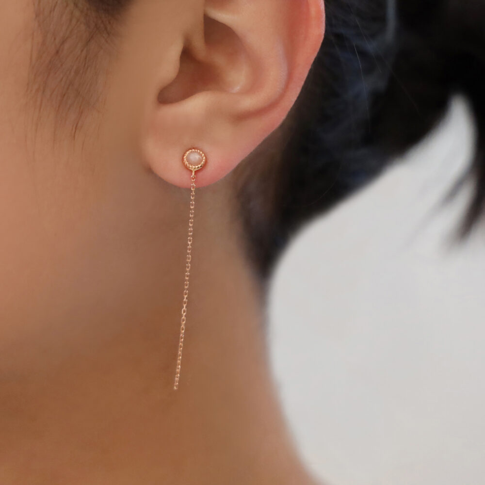 Boucles d'oreilles argent chaine rose et pierre solo rose 3