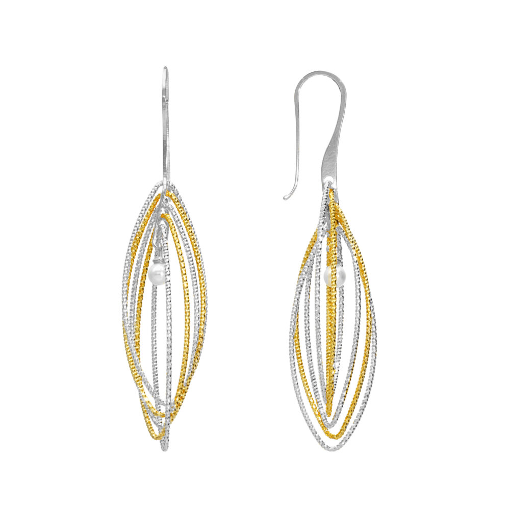Gold silver two-tone diamond spiral earrings with pearl 1