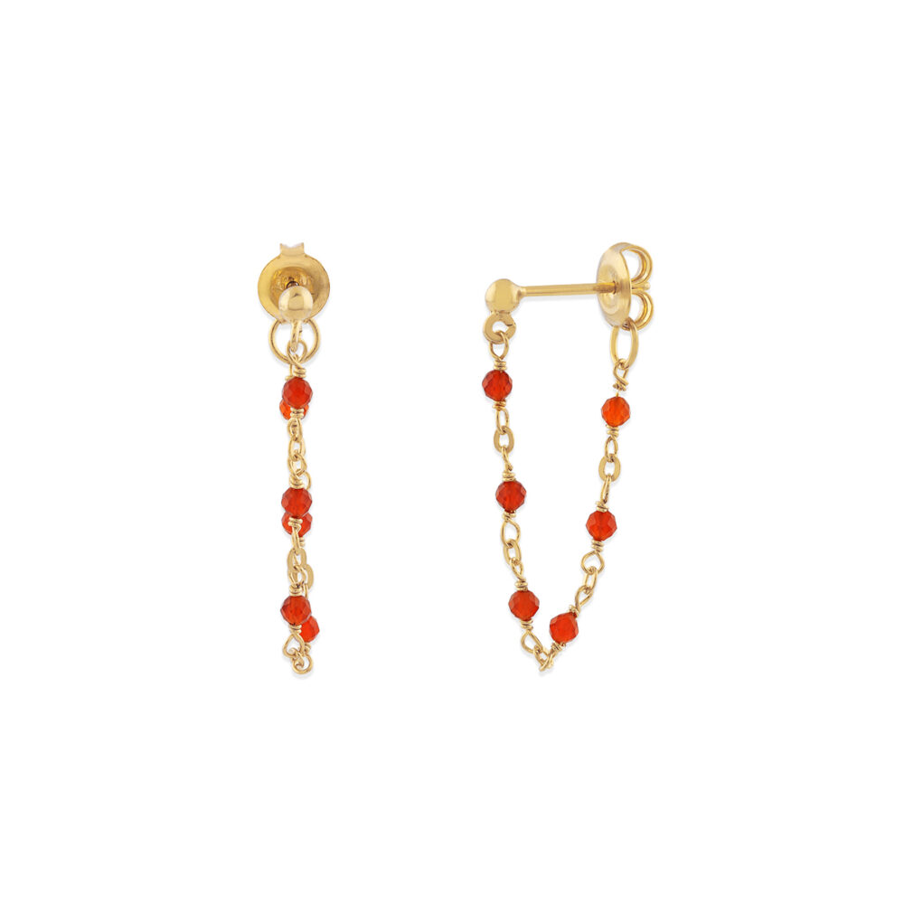Boucles d'oreilles argent doré chaine et pierres naturelles rouge 1