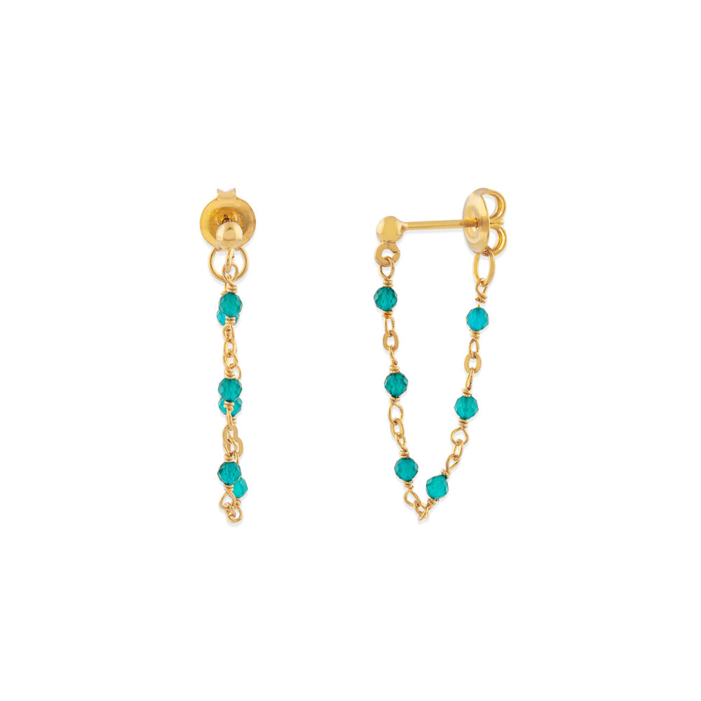 Boucles d'oreilles argent dorée chaine et pierres naturelles turquoise 1