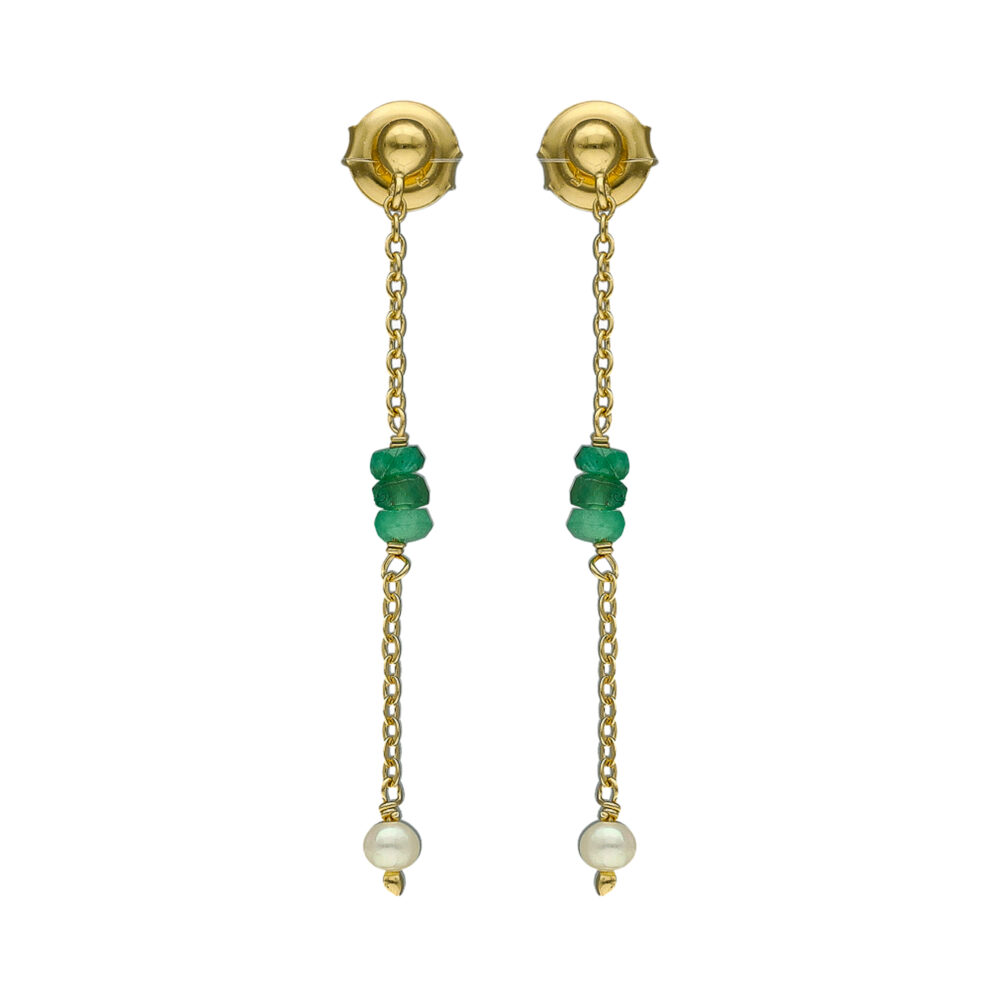 Boucles d oreilles argent doré émeraude et perle naturelle blanche