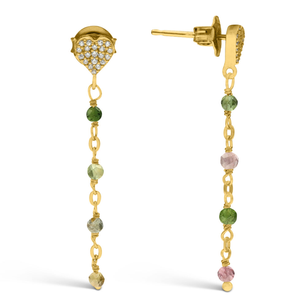 Golden silver earrings dangling heart with multi-tourmaline stones 1