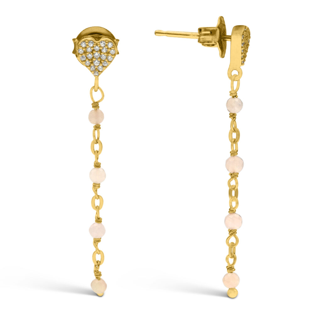 Golden silver earrings dangling heart with pink opal stones 1