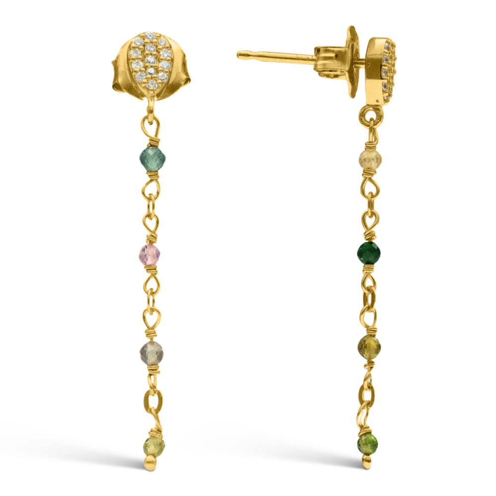 Gold silver earrings dangling drops multi-tourmaline stones 1
