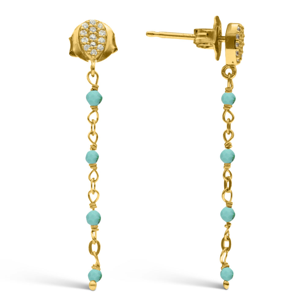 Golden silver earrings dangling drops turquoise stones 1