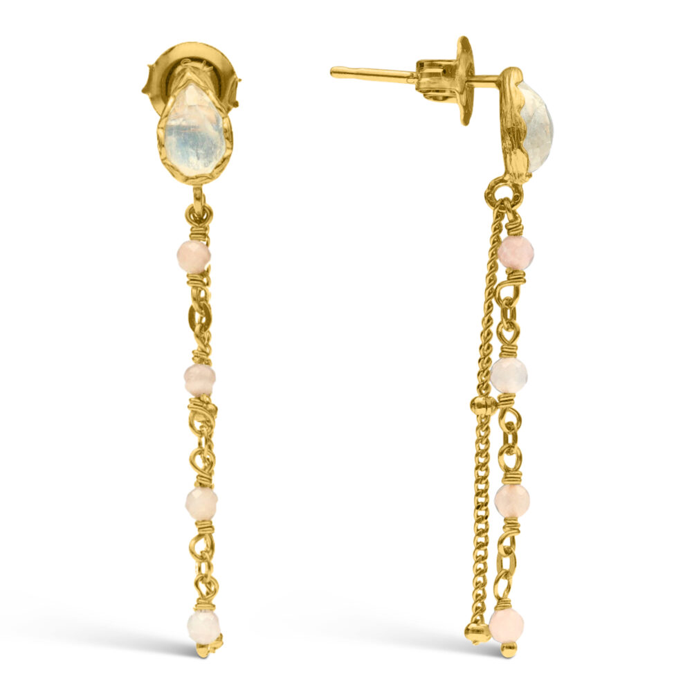 Golden silver earrings dangling opal drops with pink opal stones 1