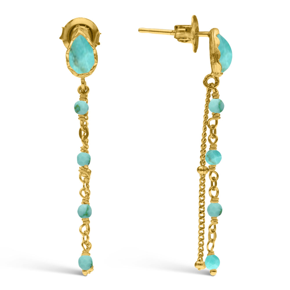 Golden silver earrings dangling turquoise drops turquoise stones 1
