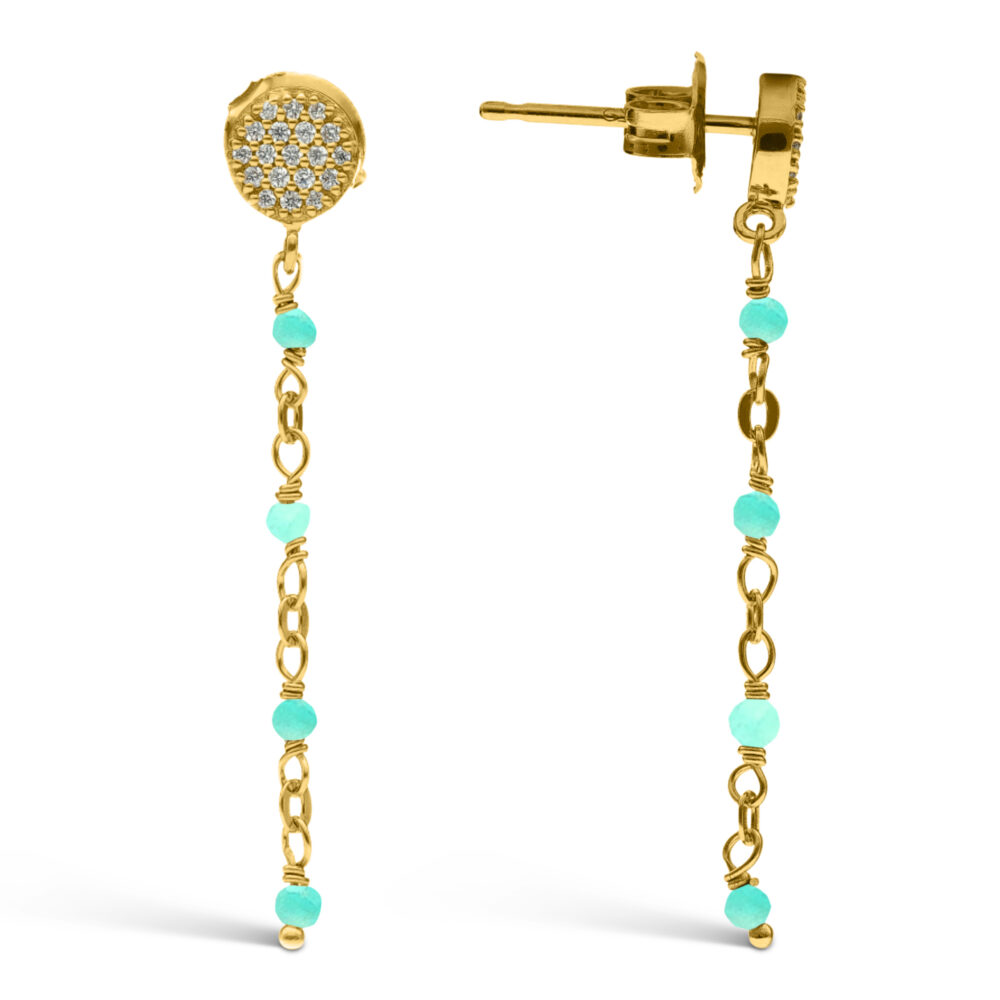 Golden silver earrings dangling round amazonite stones 1