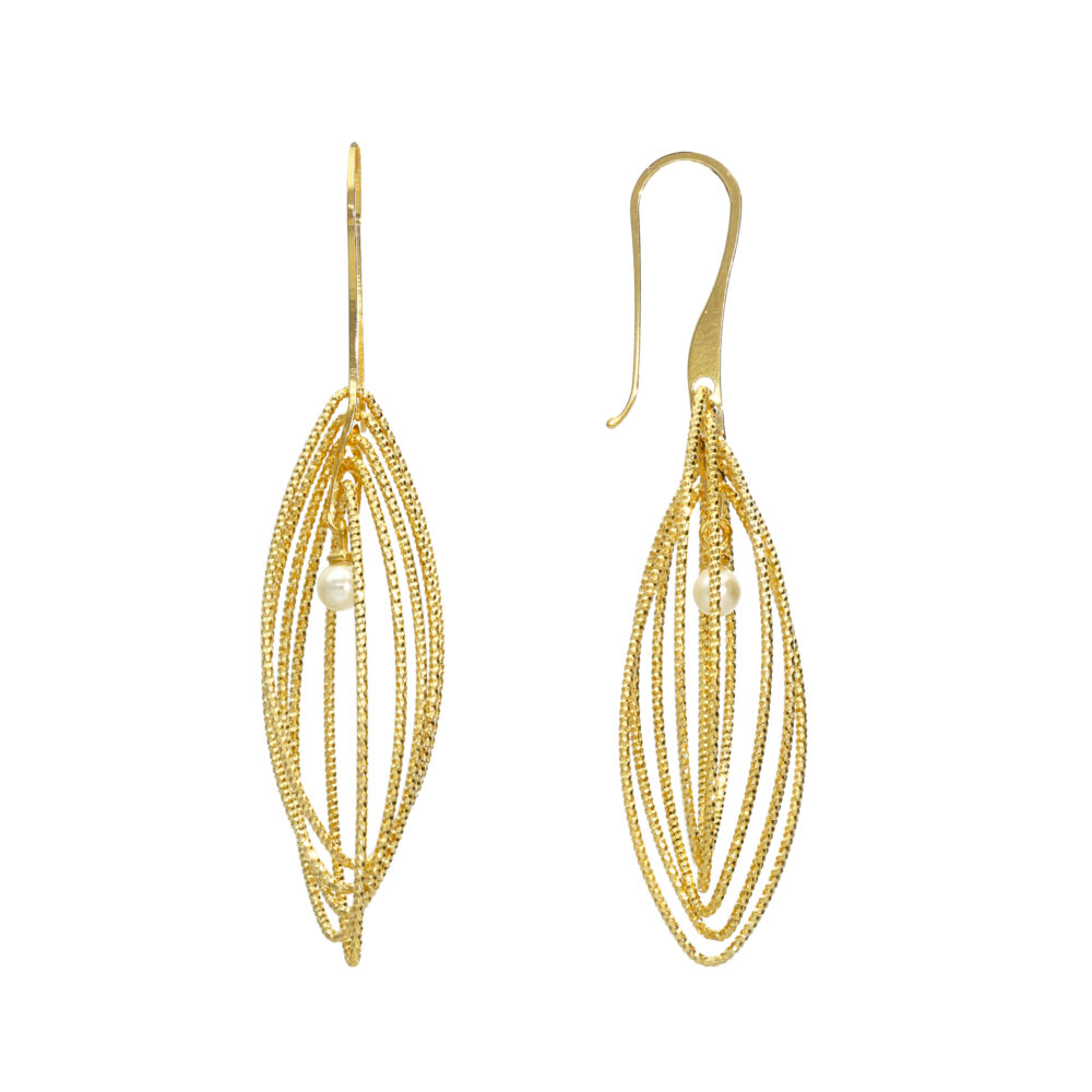 Boucles d'oreilles argent doré spirales diamantées avec perle 1