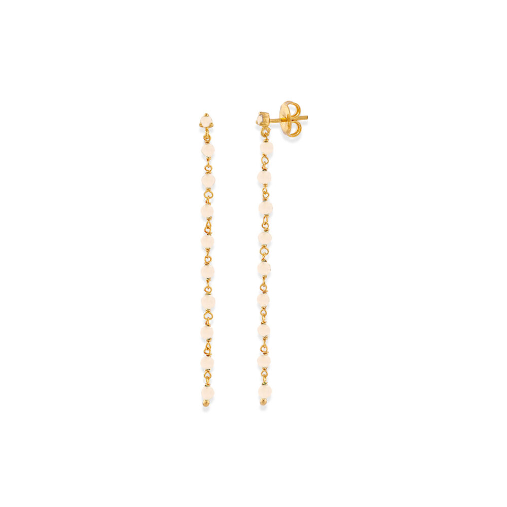 Golden silver earrings with long chain and pink opal stones 1