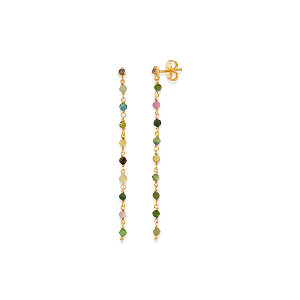 Golden silver earrings with long chain and tourmaline stones 1