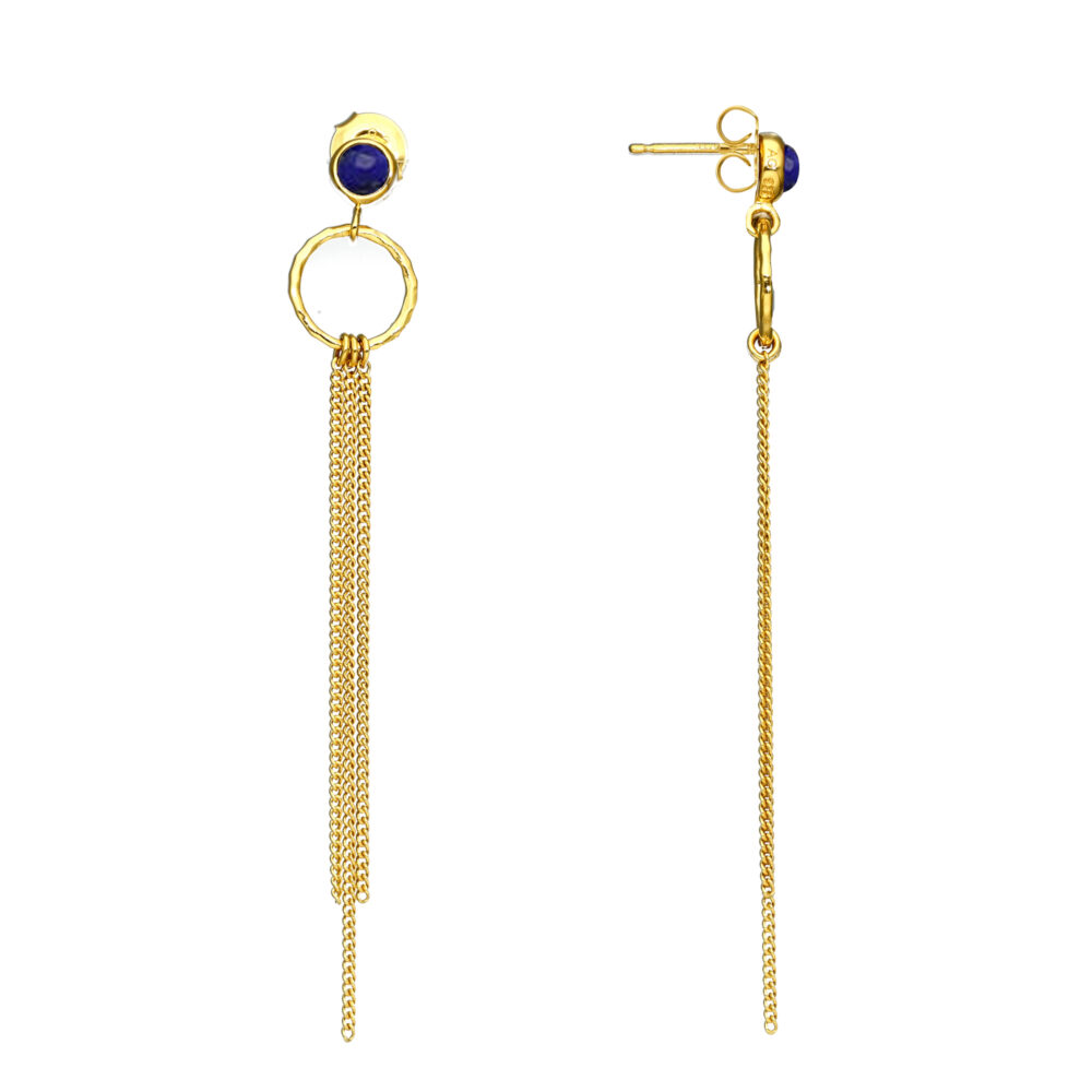 Golden silver earrings with dangling chains and lapis stone 1