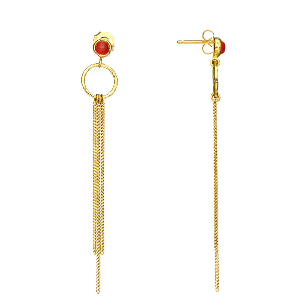 Boucles d'oreilles argent dorée chaines pendantes et pierre onyx rouge 1