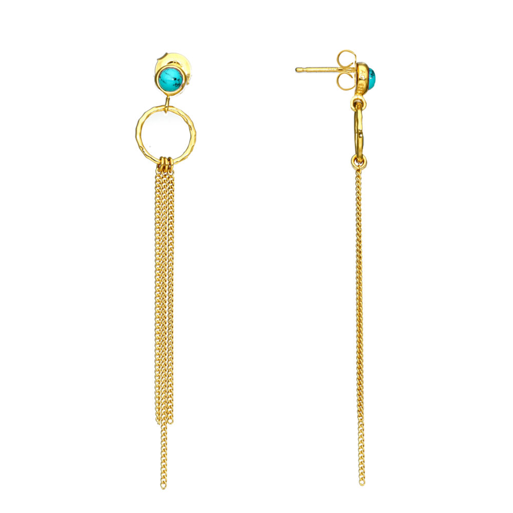Boucles d'oreilles argent dorée chaines pendantes et pierre turquoise 1
