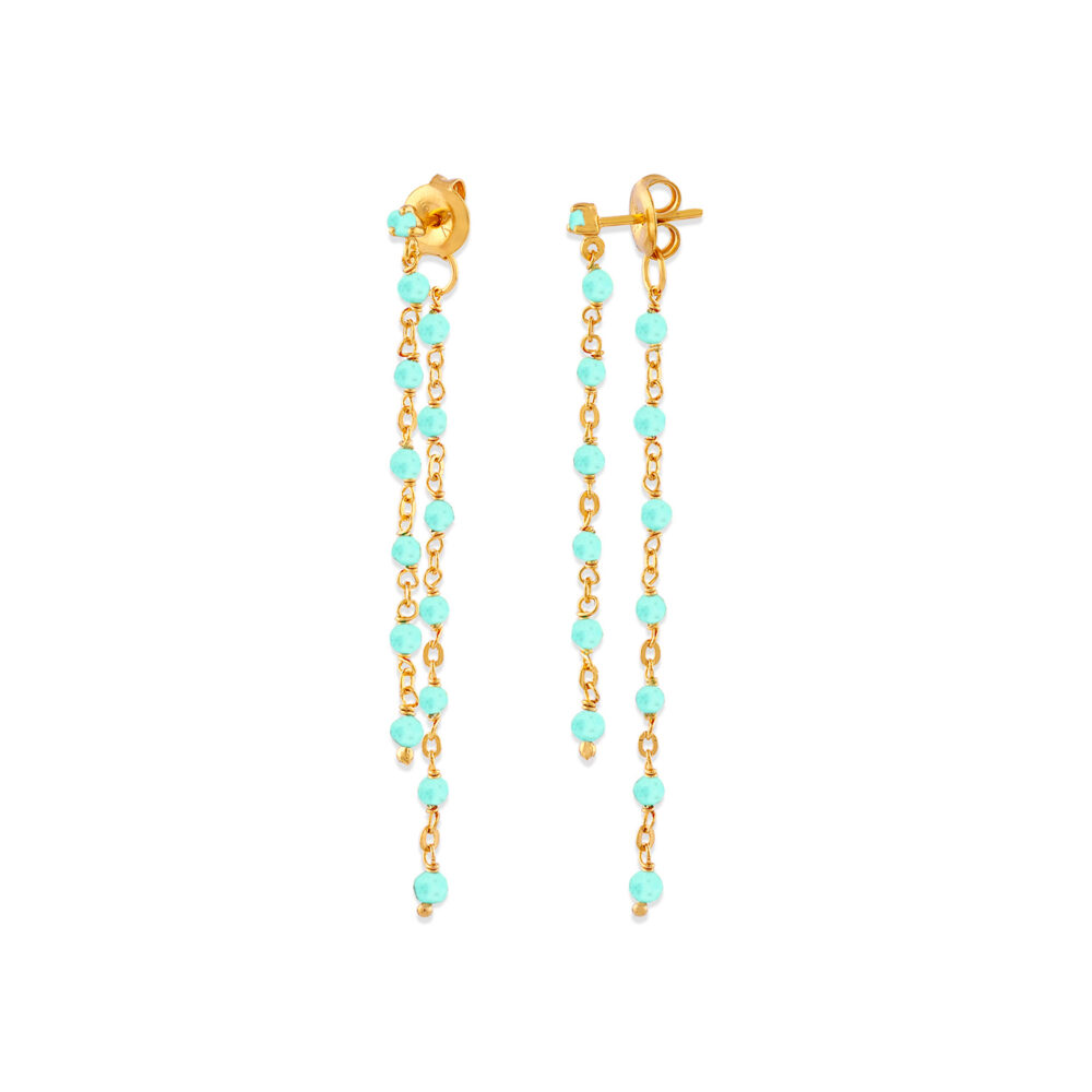 Golden silver earrings with double long chain and natural amazonite stones 1