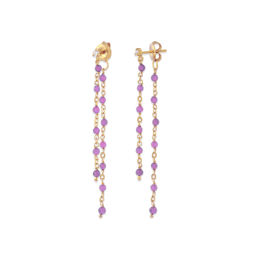 Golden silver earrings double long chain and natural amethyst stones 1