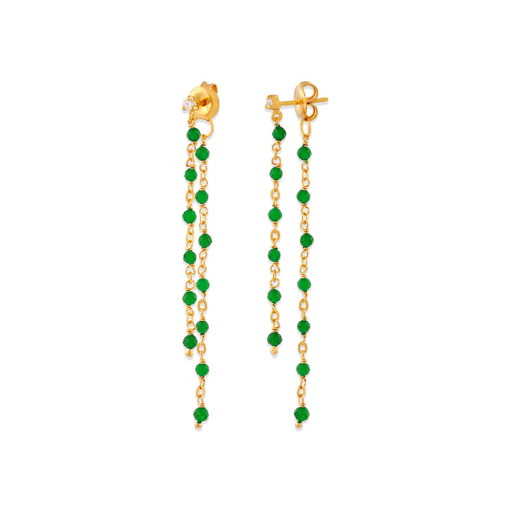 Boucles d oreilles argent dorée double chaine longue et pierres naturelles onyx vert 1