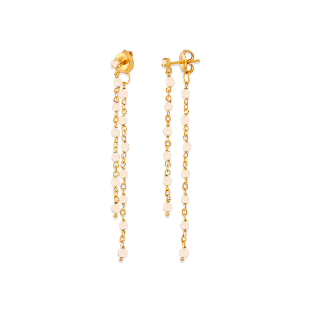 Golden silver earrings with double long chain and natural pink opal stones 1