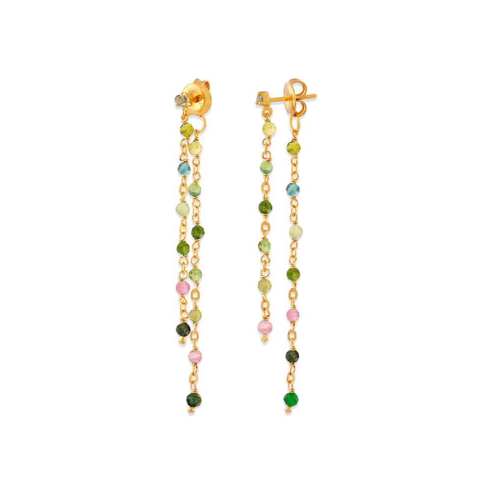 Golden silver earrings with double long chain and natural tourmaline stones 1