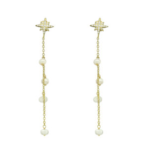 Boucles d oreilles argent dorée étoile et perles naturelles blanches 3