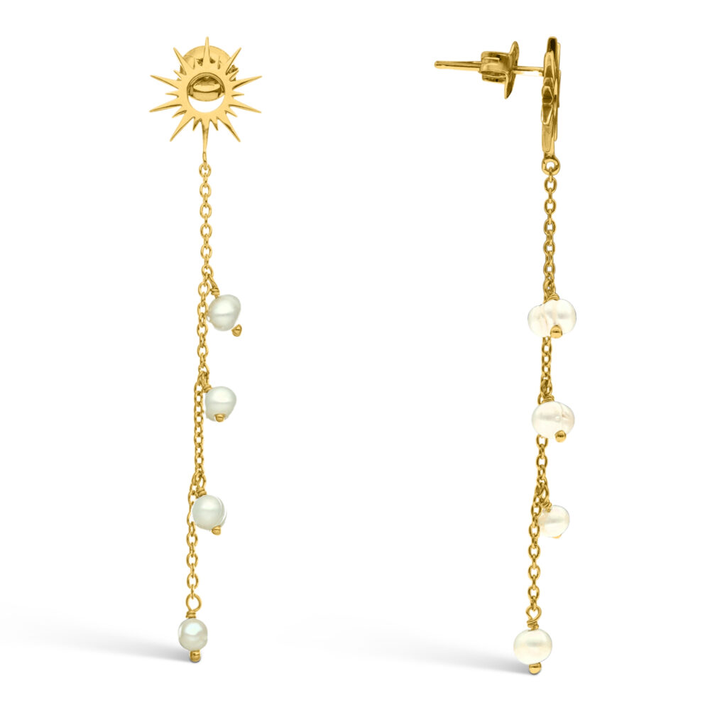 Golden silver dangling sun earrings with pearls 1