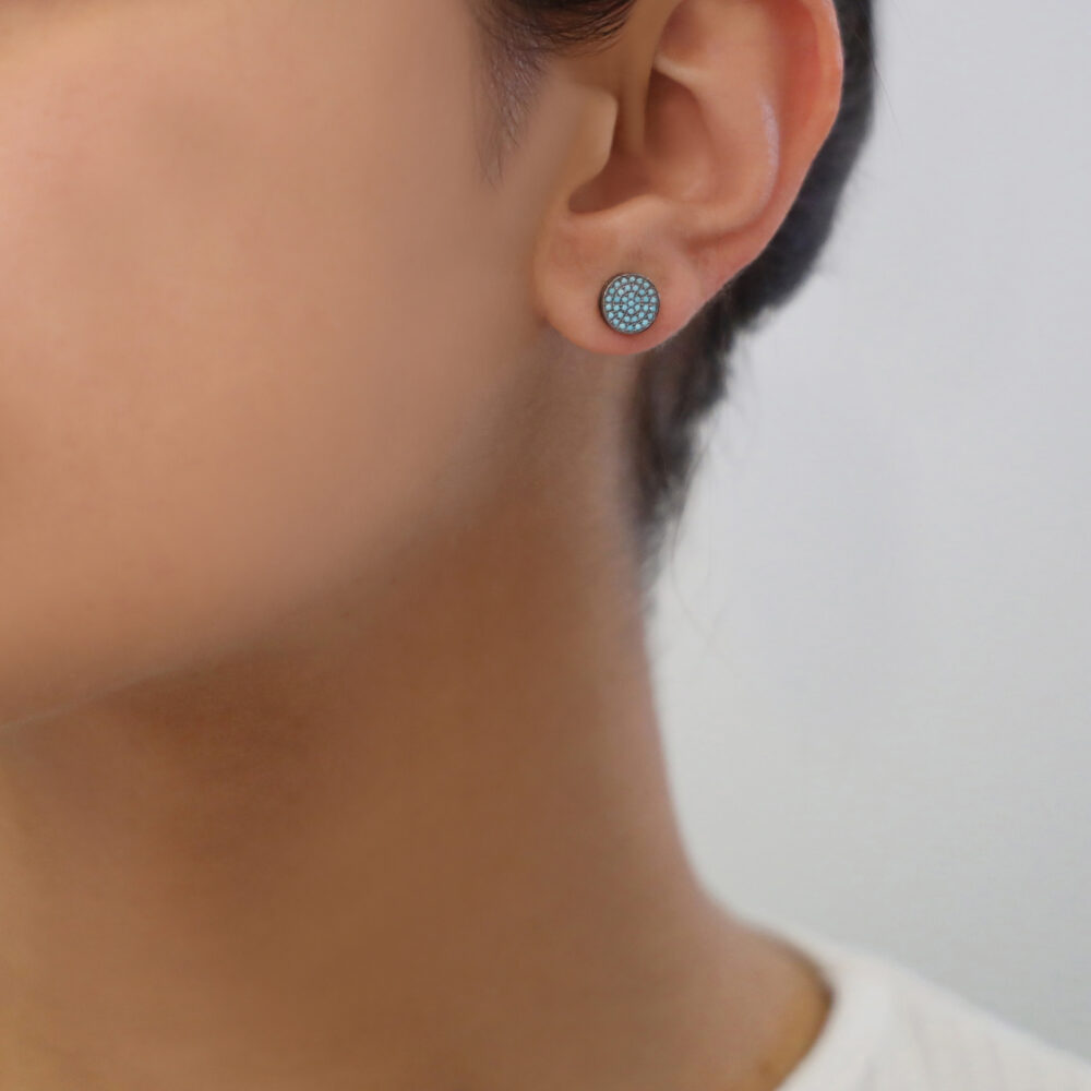 Boucles d'oreilles argent noir médaillon serti turquoise 3
