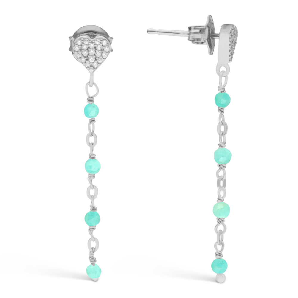 Silver dangling heart earrings with amazonite stones 1