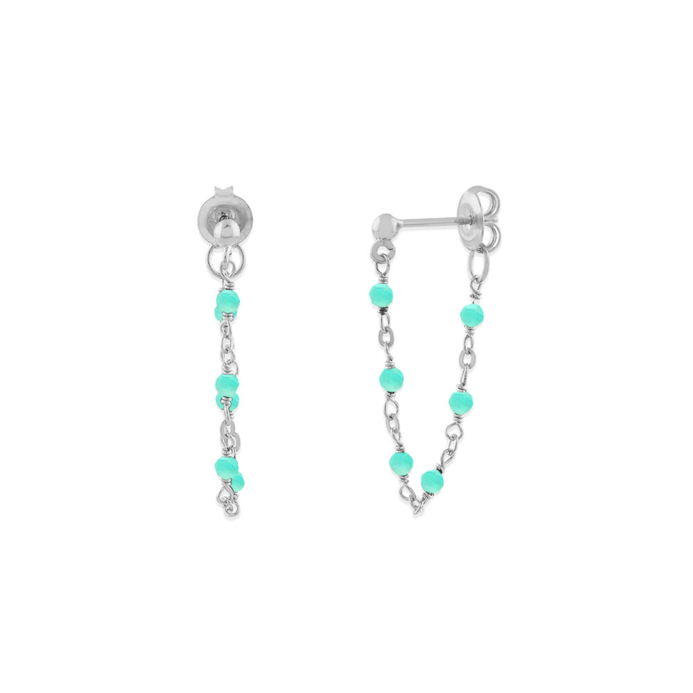 Rhodium-plated silver earrings with chain and natural amazonite stones 1