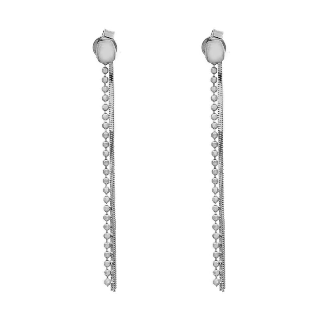 Rhodium-plated silver earrings with serpentine mesh and diamond pearl mesh 1