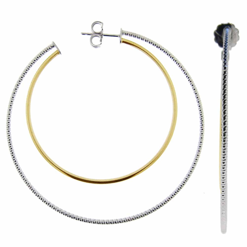 Boucles d'oreilles créoles deux anneaux grand modèle argent doré rhodié lisse et diamantée diamètre 55mm 1