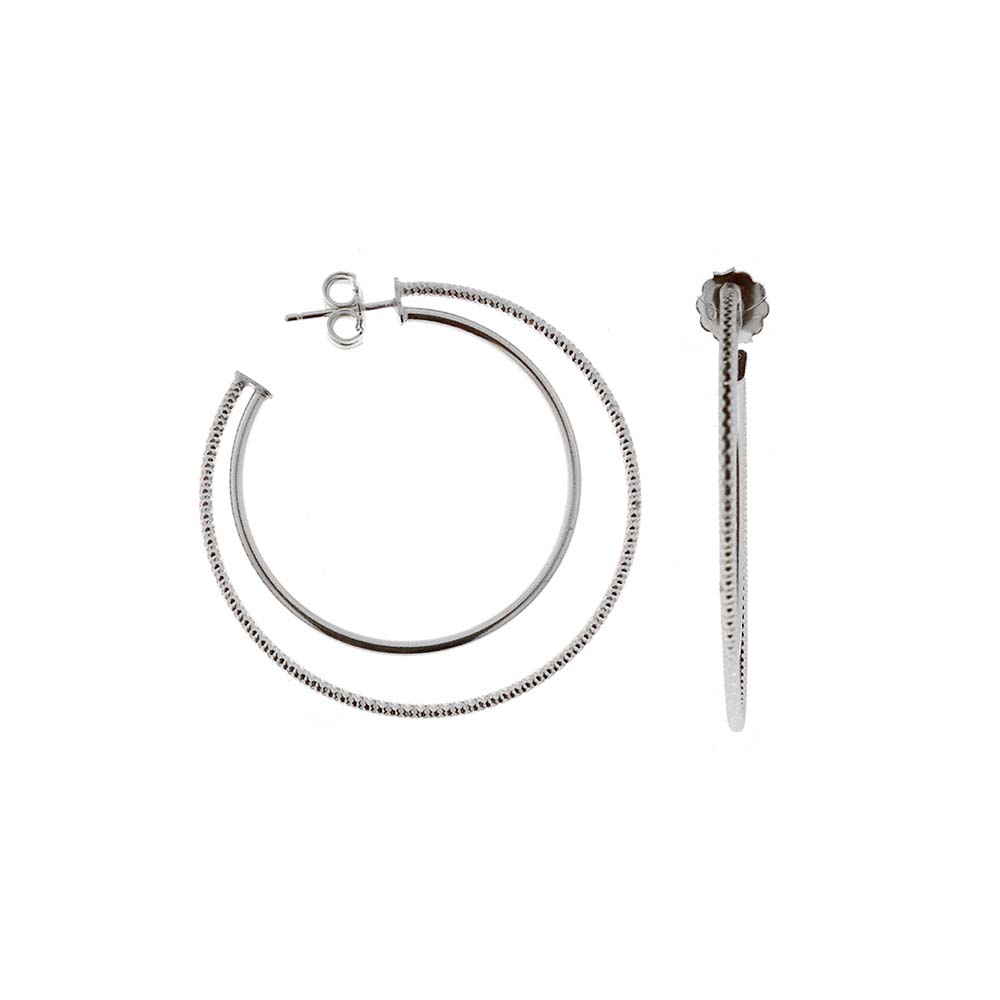 Boucles d oreilles créoles deux anneaux modèle moyen argent rhodié diamantée et lisse 1