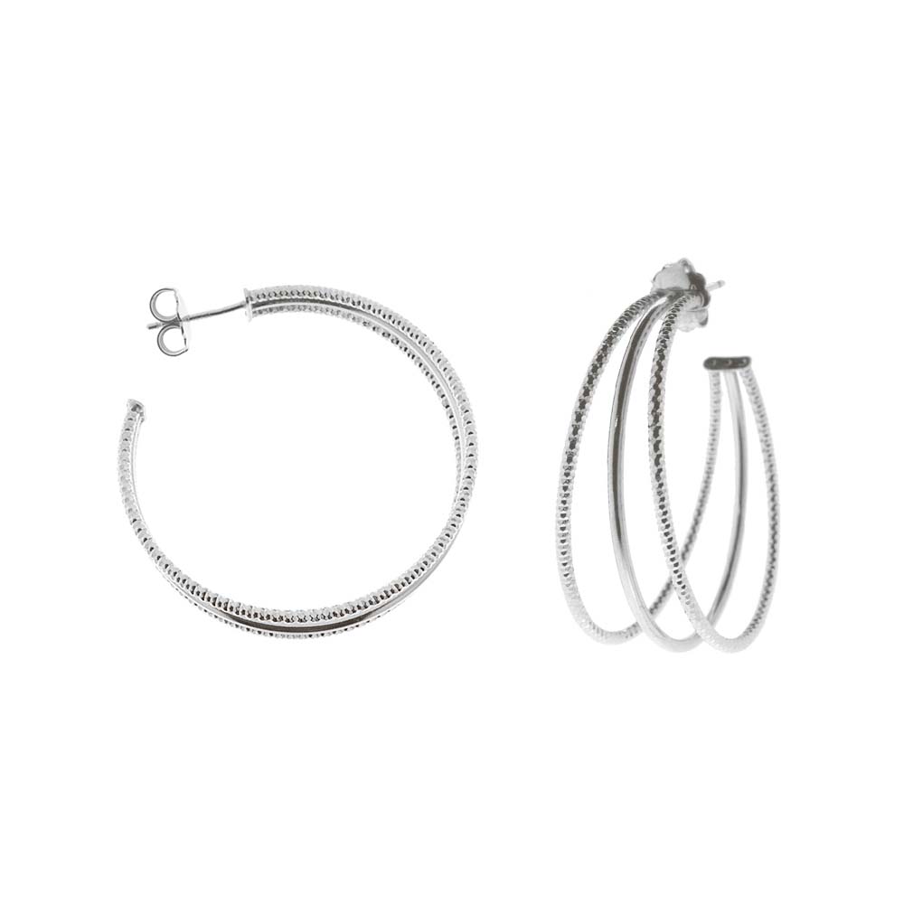 Boucles d'oreilles créoles trois anneaux moyen modèle argent rhodié diamantée et lisse 1