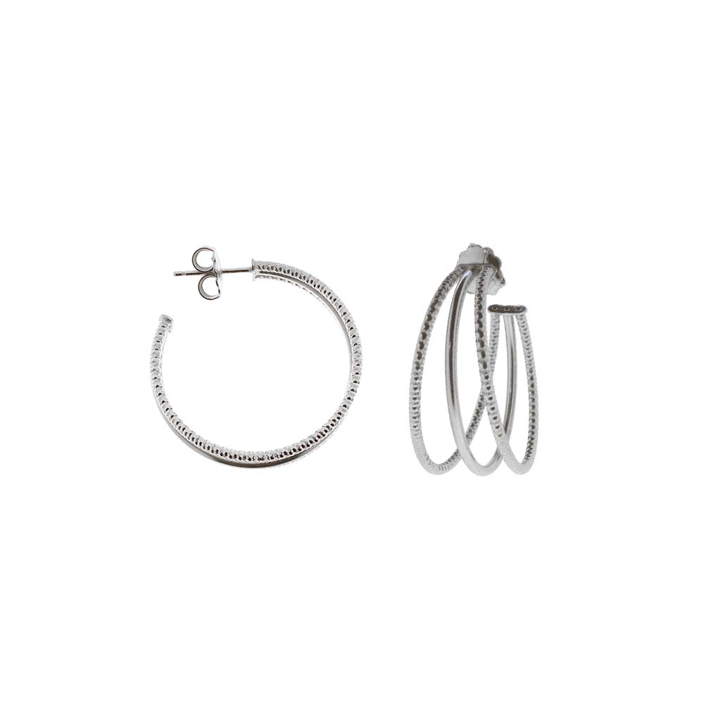 Boucles d oreilles créoles deux anneaux petit modèle argent rhodié diamantée et lisse 1
