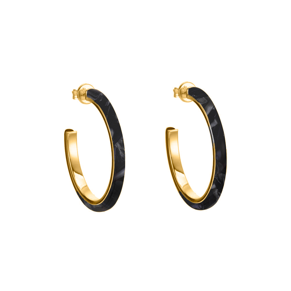 Boucles d'oreilles créoles modèle en argent doré et acétate noire diamètre 35mm 1