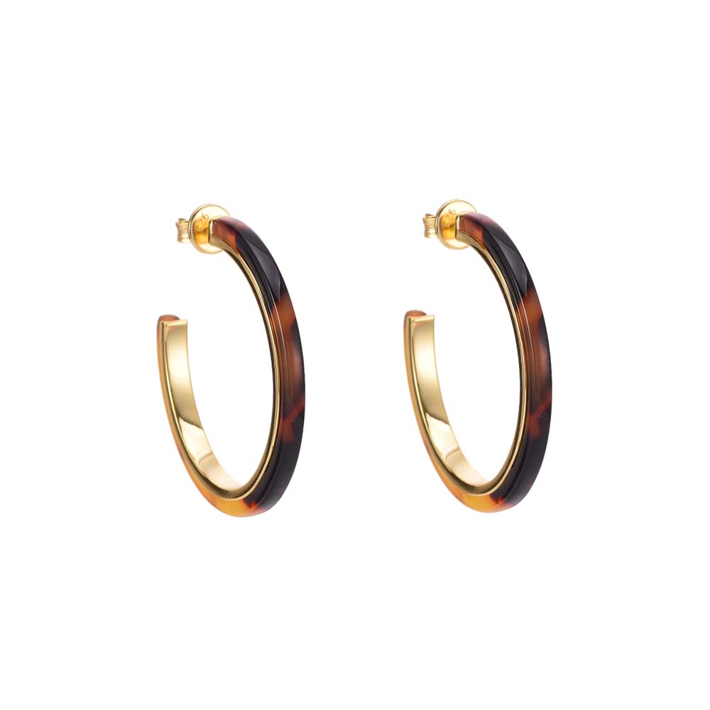 Boucles d'oreilles créoles modèle en argent doré et résine marron 3