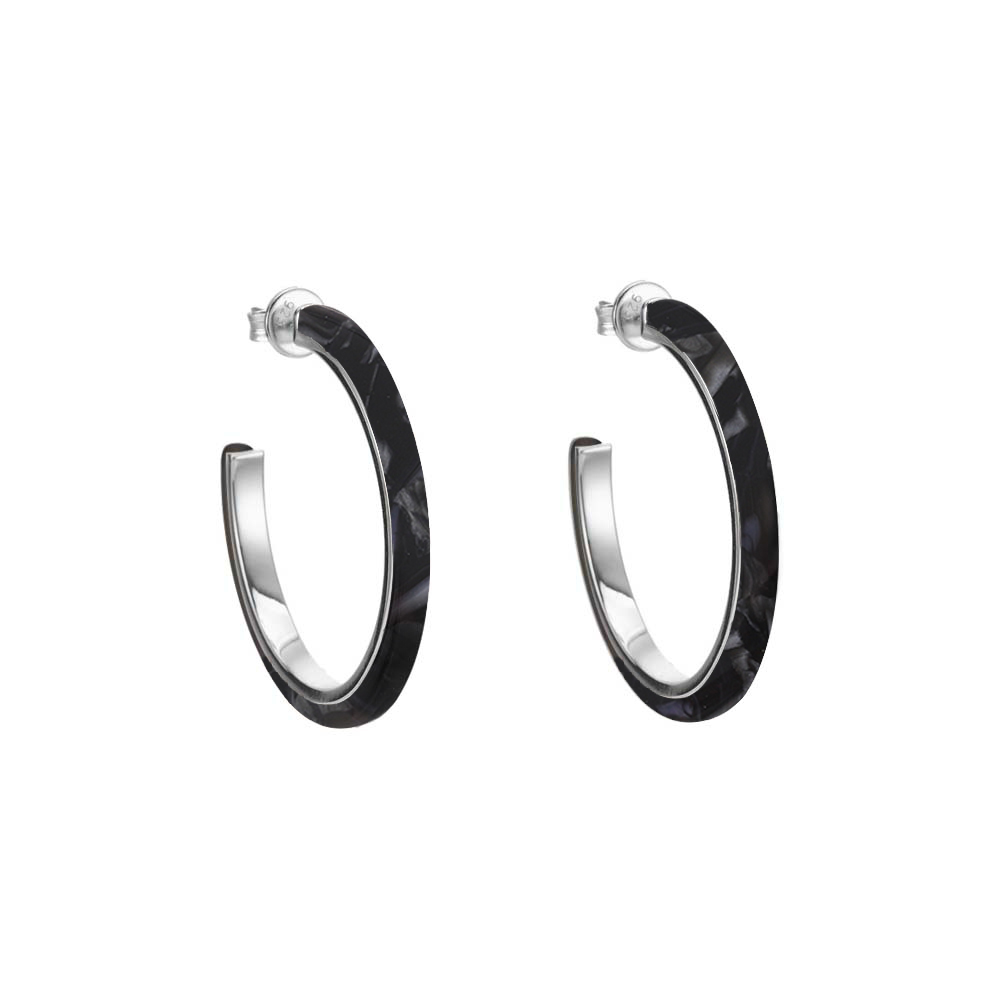 Hoop earrings in rhodium silver and black acetate 1