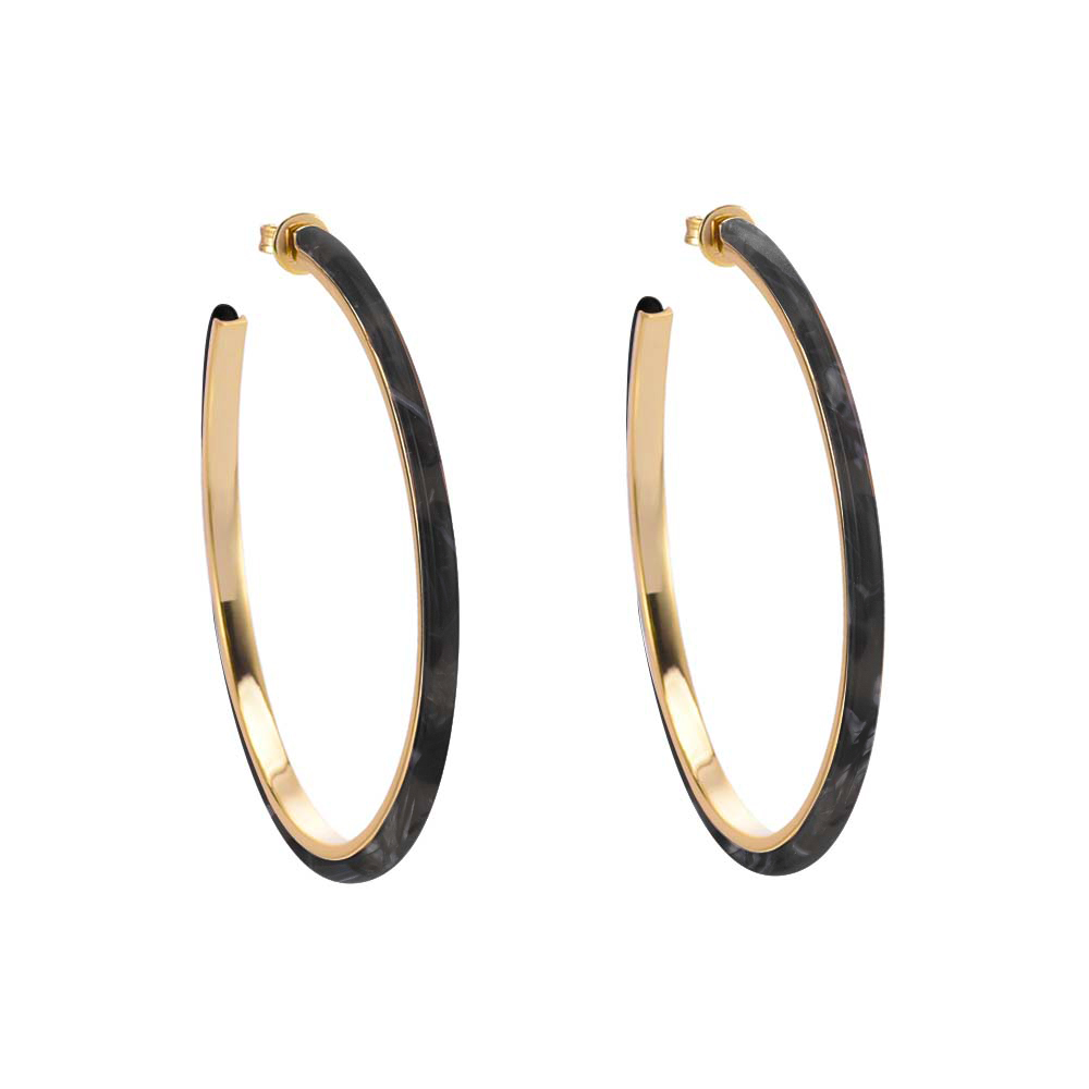 Boucles d'oreilles créoles grand modèle en argent doré et acétate noire diamètre 65mm 1