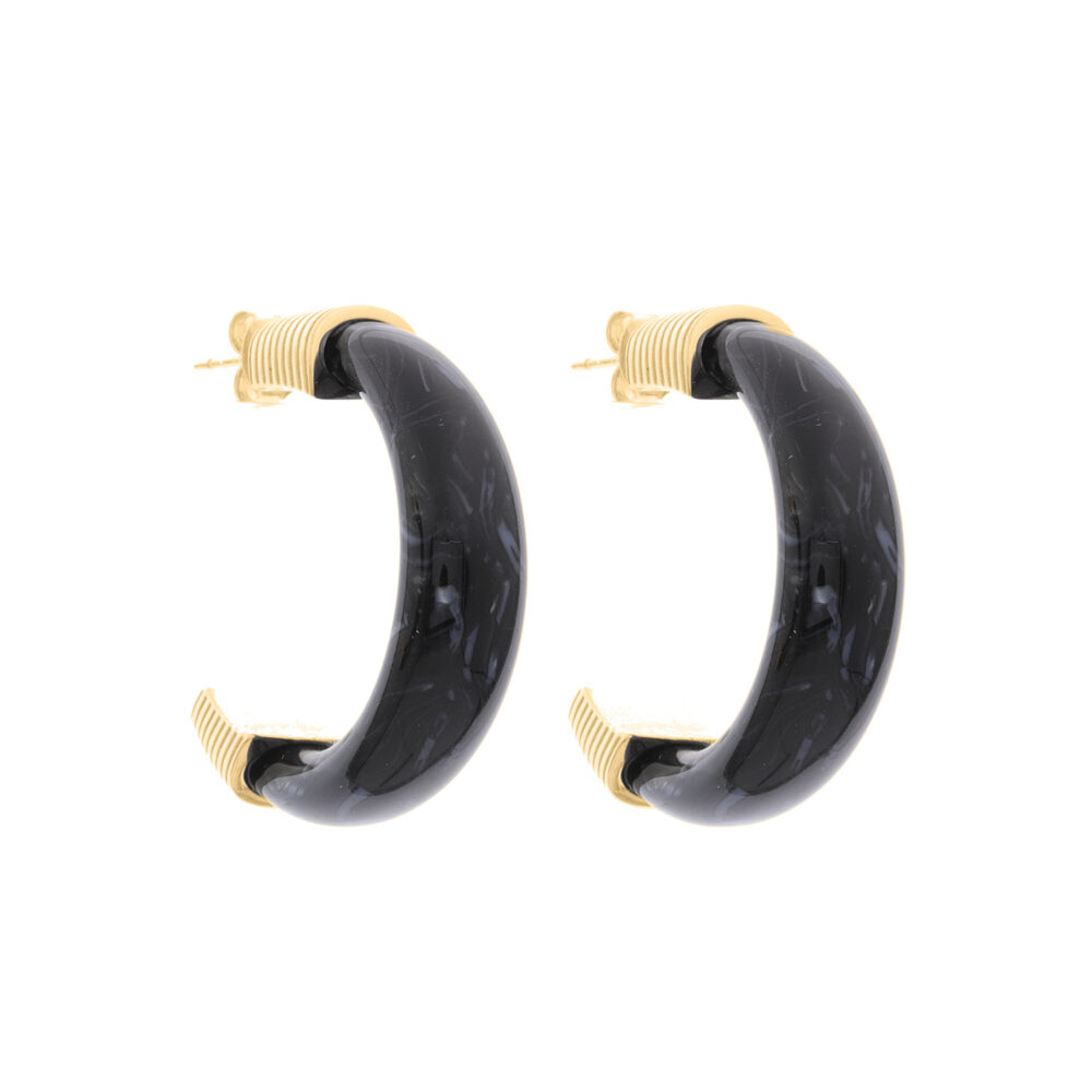 Boucles d'oreilles créoles argent doré et acétate noire 1