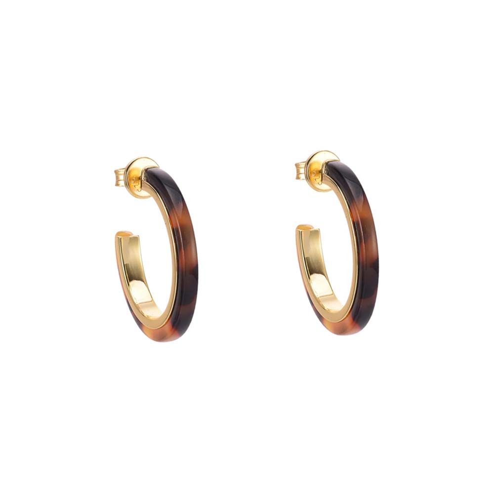 Boucles d'oreilles créoles petit modèle en argent doré et acétate marron 1