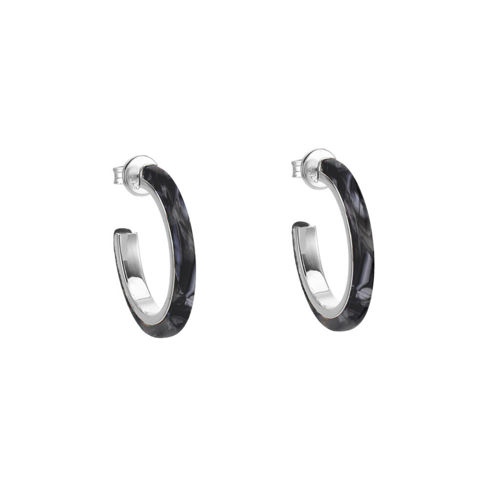 Small model hoop earrings in rhodium silver and black acetate 1