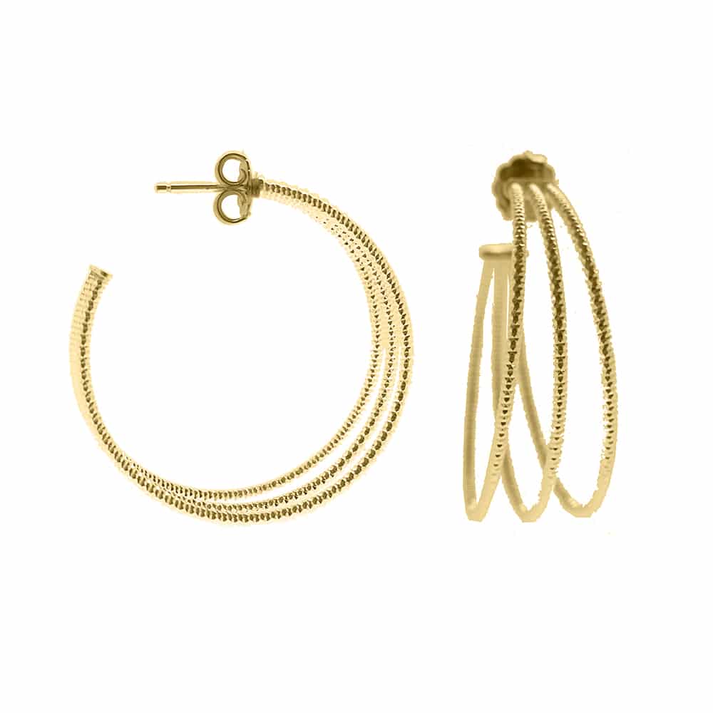 Boucles d'oreilles créoles trois anneaux moyen modèle argent doré diamanté Helena diamètre 45mm 1