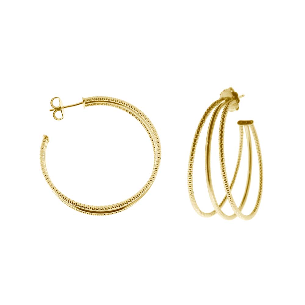 Boucles d'oreilles créoles trois anneaux moyen modèle argent doré diamantée et lisse 1