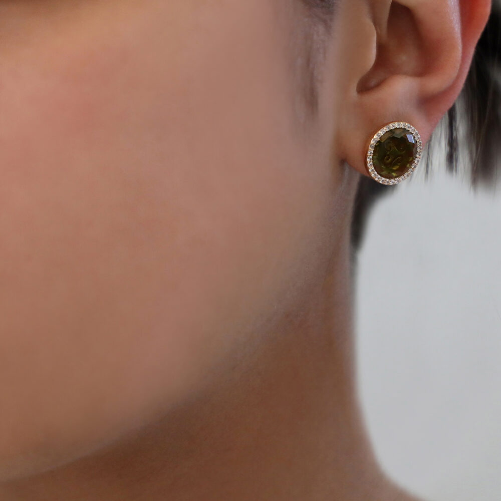 Boucles d'oreilles argent doré disque pierre kaki 3