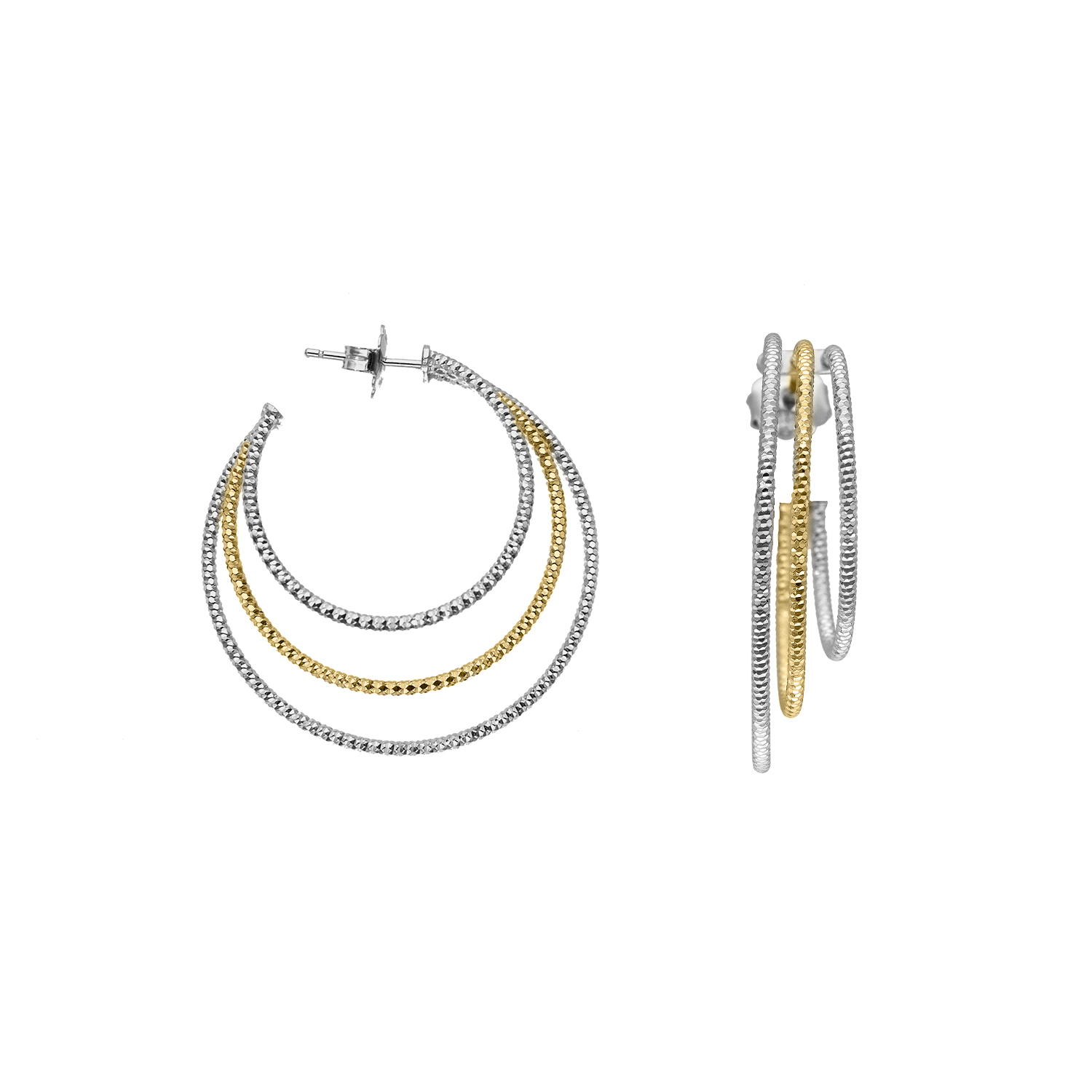 Boucles d'oreilles en argent doré trois anneaux rhodié doré diamètre 37mm 1