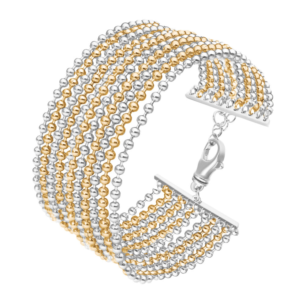 Bracelet deux couleurs argent doré manchette large chaines petites boules 1
