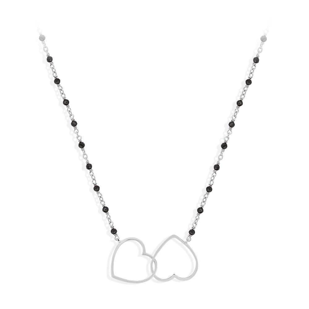 Double heart rhodium silver necklace and black spinel stone 1