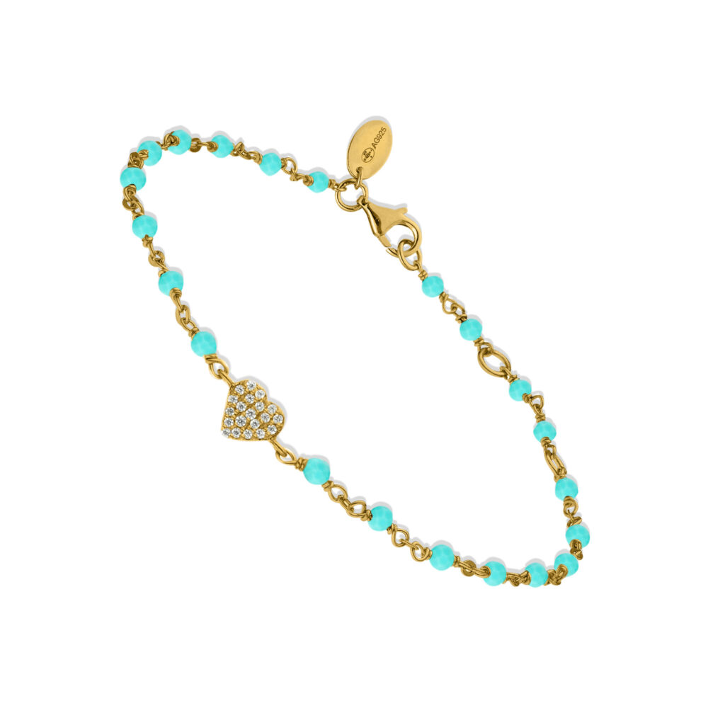 Bracelet argent doré cœur serti blanc pierres amazonite